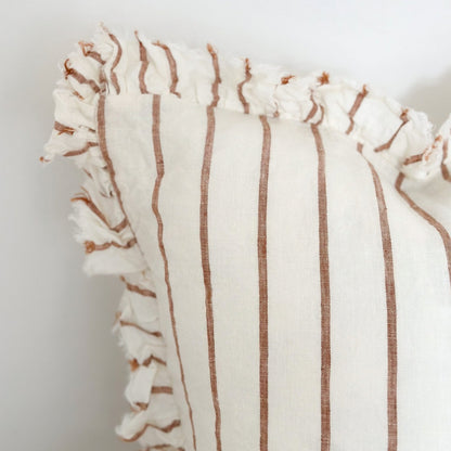 Mila Brown & Cream Stripe Ruffled Linen Cushions