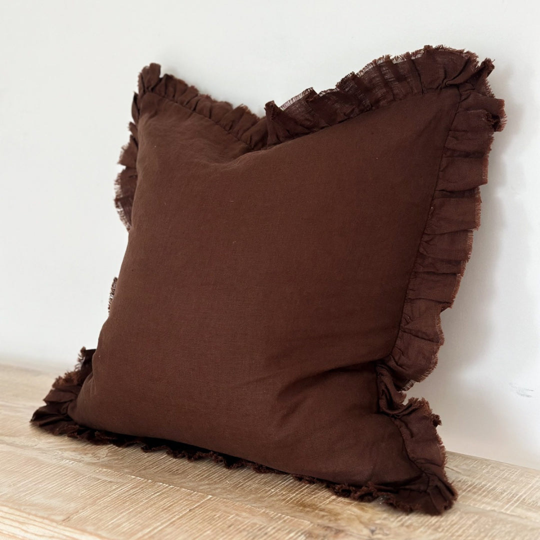 Fluid Home Interiors - Dark Brown Ruffled Linen Cushion 53x53cm - EllenVale Interiors