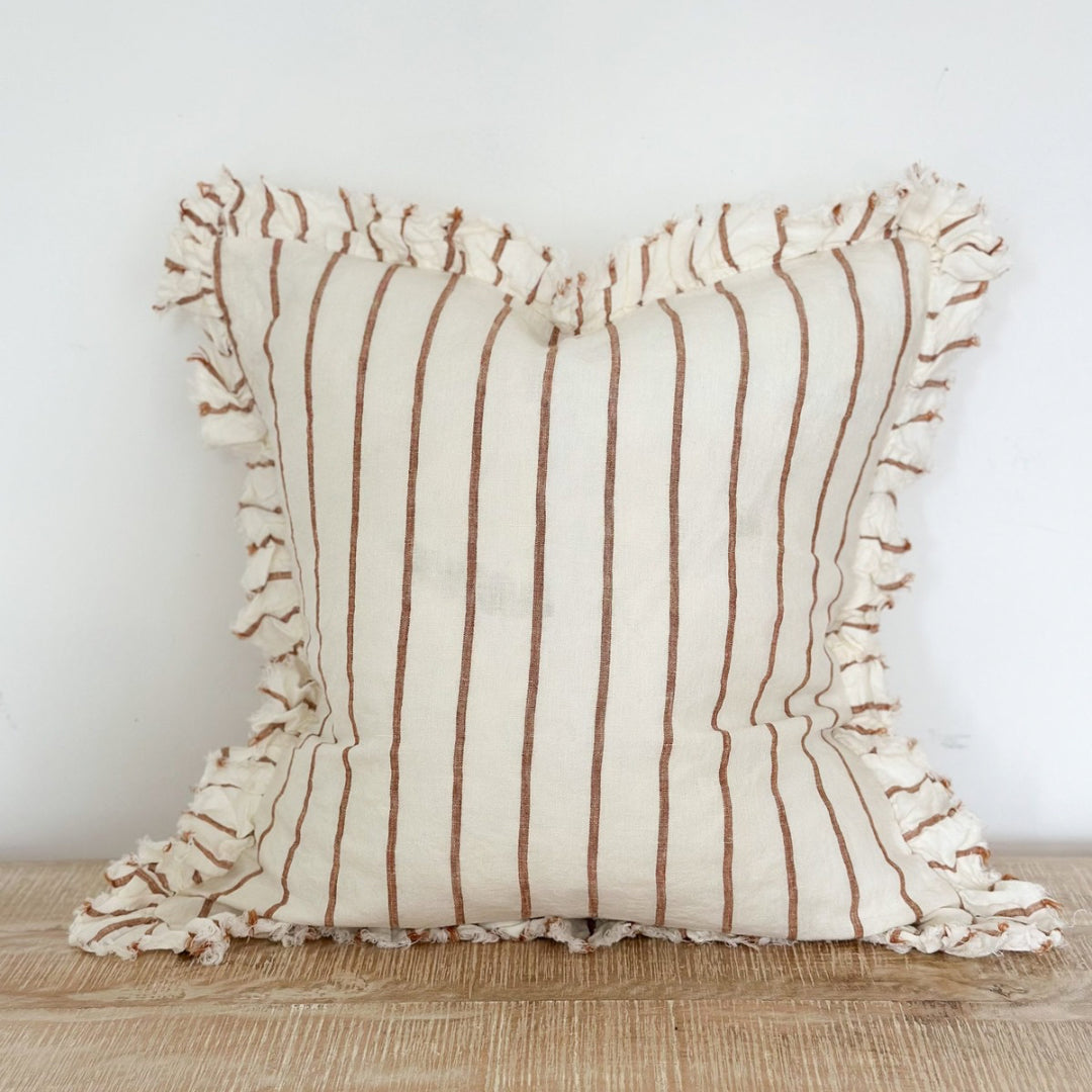 Mila Brown & Cream Stripe Ruffled Linen Cushions