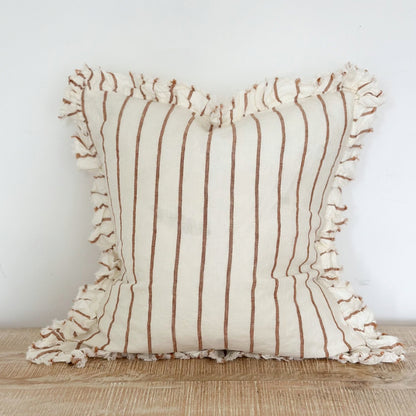 Mila Brown & Cream Stripe Ruffled Linen Cushions