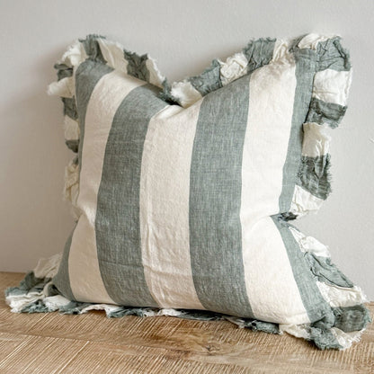 Fluid Home Interiors - Washed Teal Stripe Ruffled Cushion 45x45cm - Ellenvale Interiors