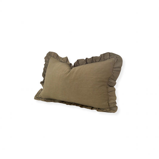 Fluid Home Interiors - Khaki Ruffle Linen Cushion 50×30cm Ellenvale Interiors