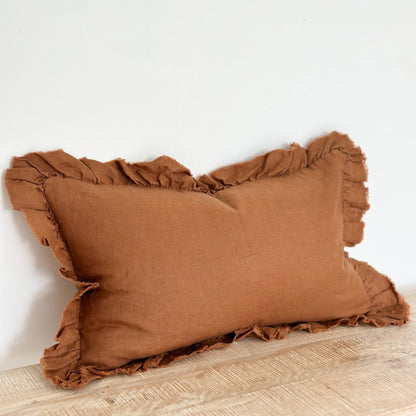 Fluid Home Interiors - Ruffled Rust Linen Cushion 50×30cm - EllenVale Interiors