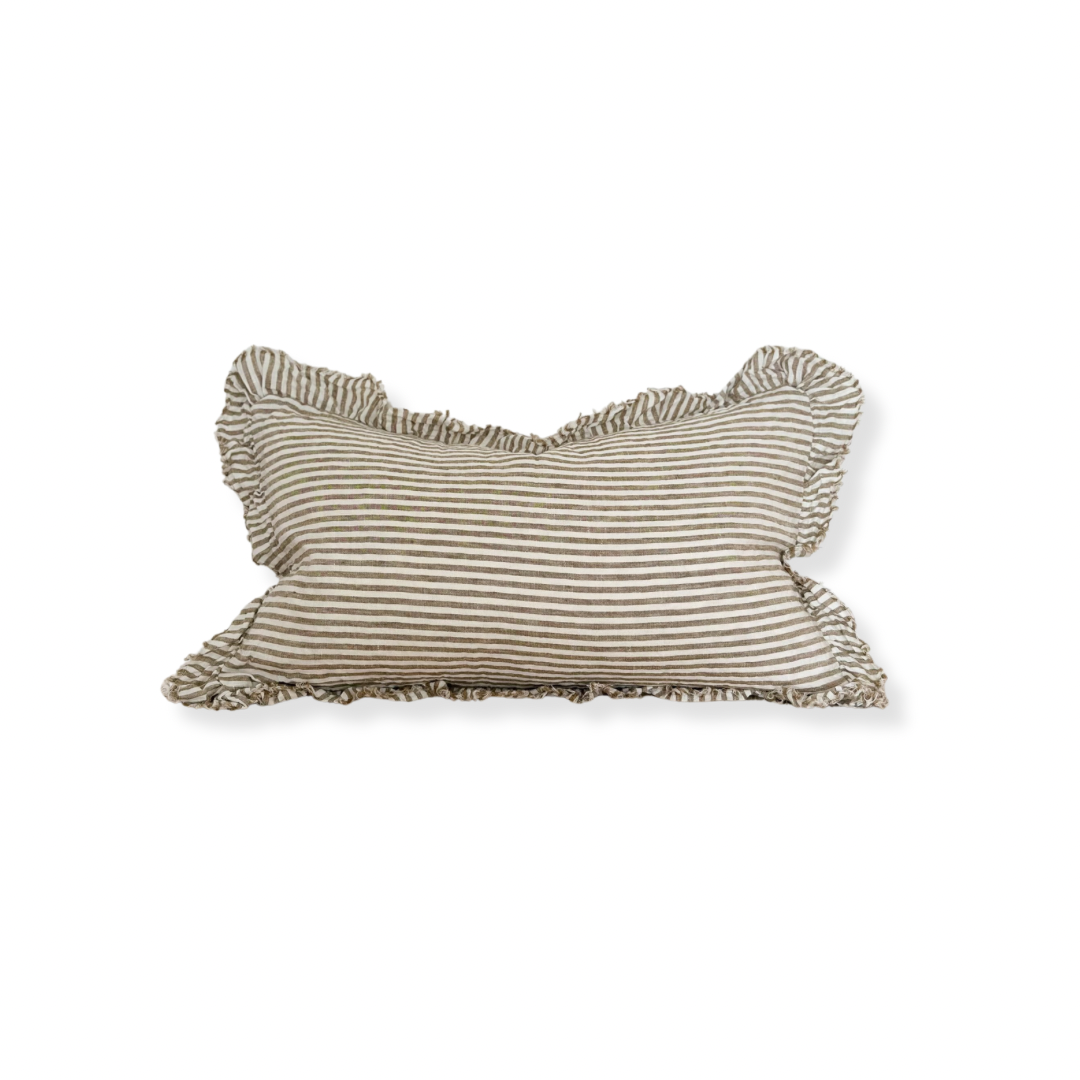 Fluid Home Interiors - Linen Ruffle Olive Stripe Cushion - Ellenvale Interiors