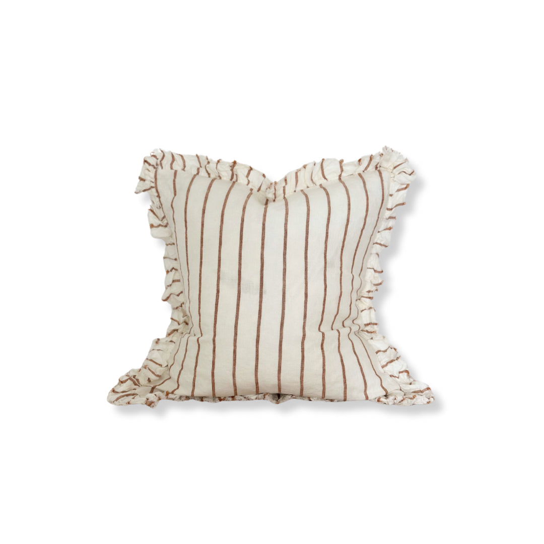 Fluid Home Interiors - Brown & Cream Stripe Ruffled Linen Cushion 45 x 45 cm - EllenVale Interiors