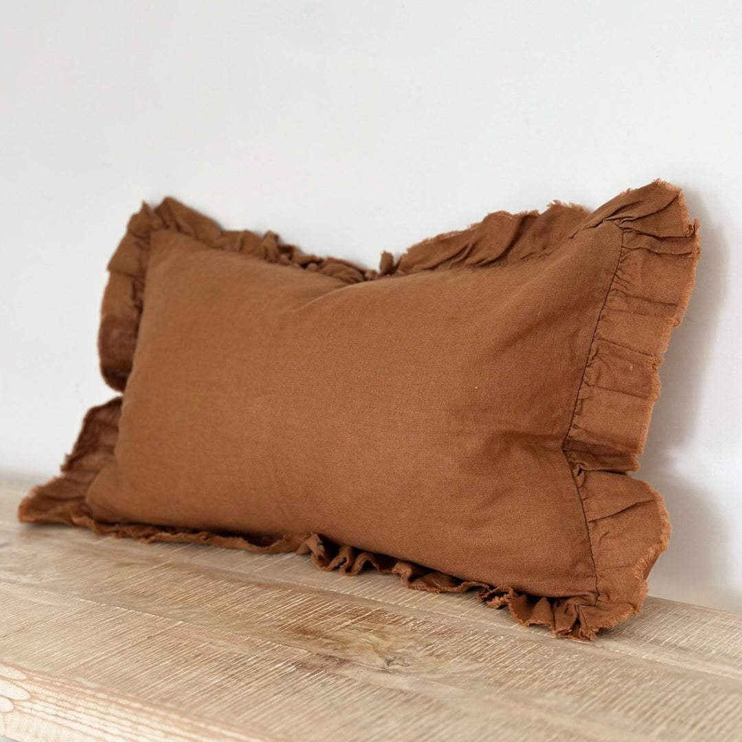 Fluid Home Interiors - Ruffled Rust Linen Cushion 50×30cm - EllenVale Interiors