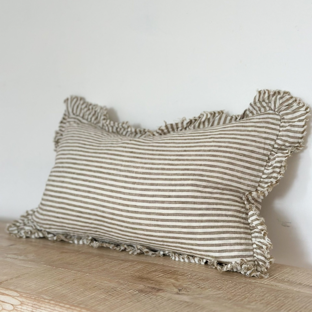 Fluid Home Interiors - Linen Ruffle Olive Stripe Cushion - Ellenvale Interiors