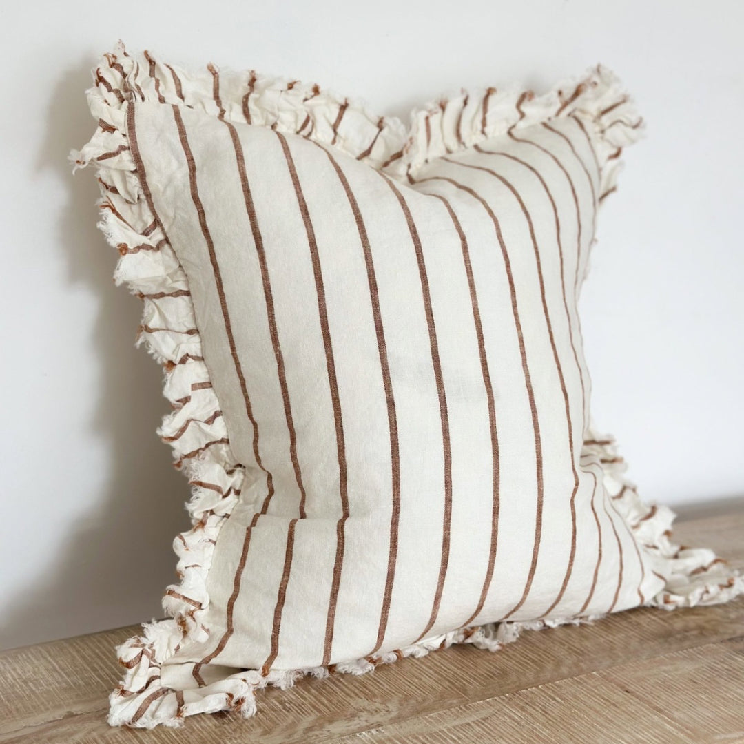 Mila Brown & Cream Stripe Ruffled Linen Cushions