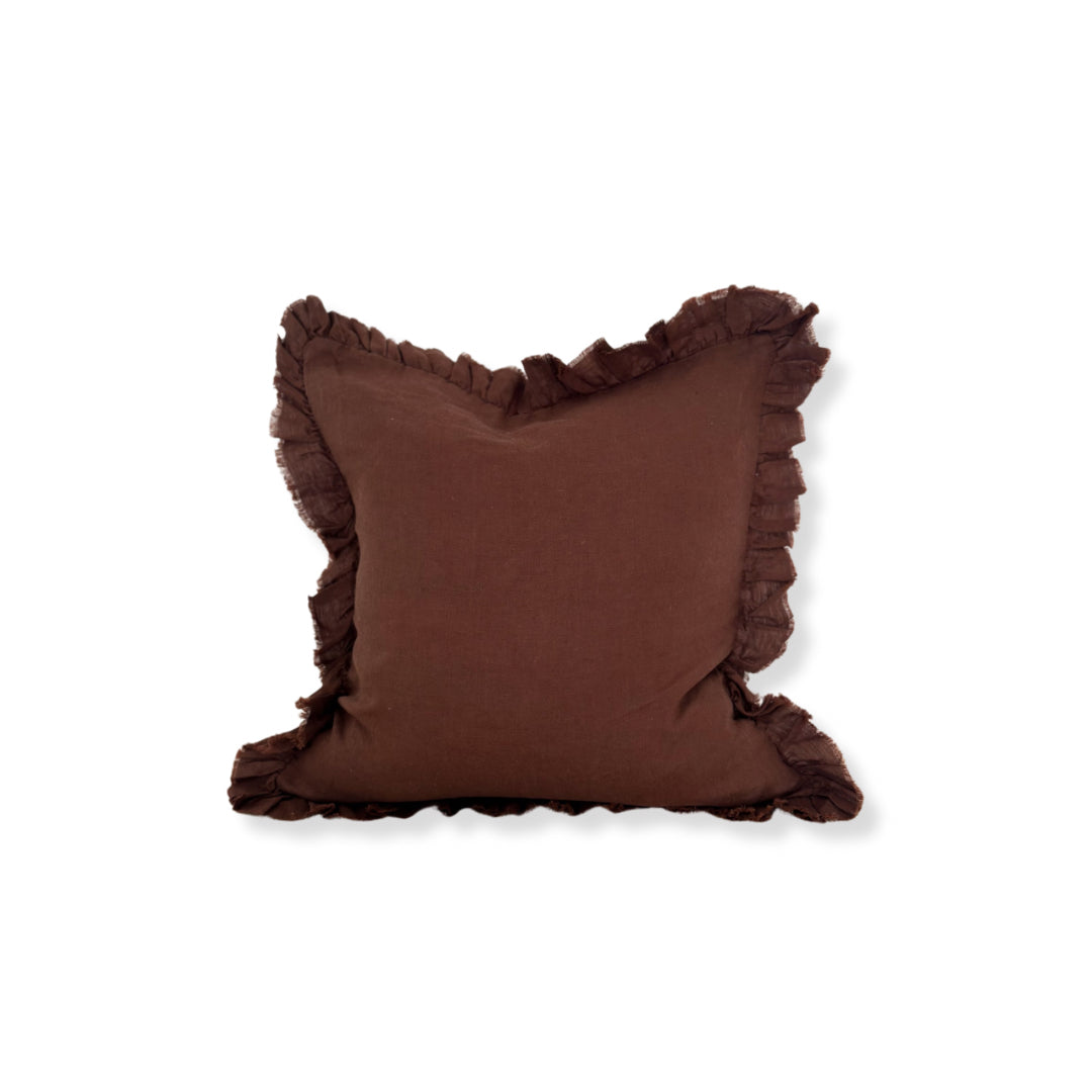 Fluid Home Interiors - Dark Brown Ruffled Linen Cushion 53x53cm - EllenVale Interiors