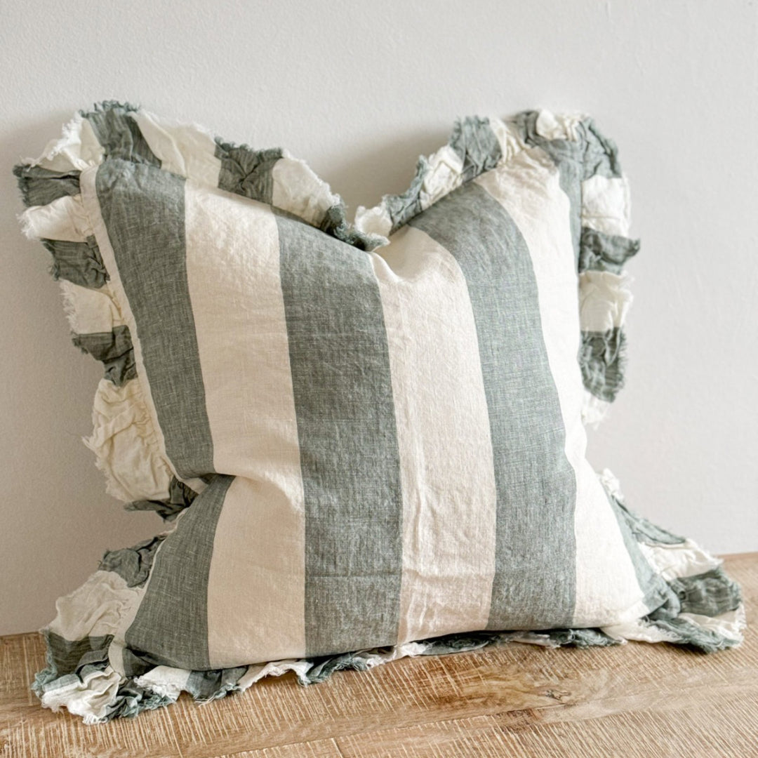 Fluid Home Interiors - Washed Teal Stripe Ruffled Cushion 45x45cm - Ellenvale Interiors