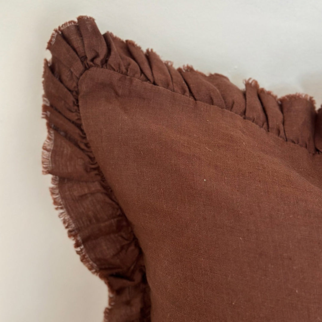 Fluid Home Interiors - Dark Brown Ruffled Linen Cushion 53x53cm - EllenVale Interiors