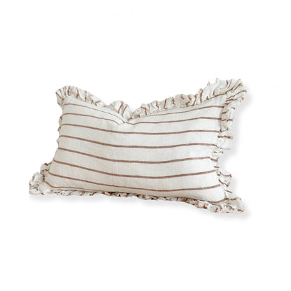 Fluid Home Interiors - Brown & Cream Stripe Ruffled Linen Cushion 50x30cm - EllenVale Interiors