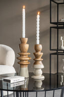 Solid wood and beige candle stick holders