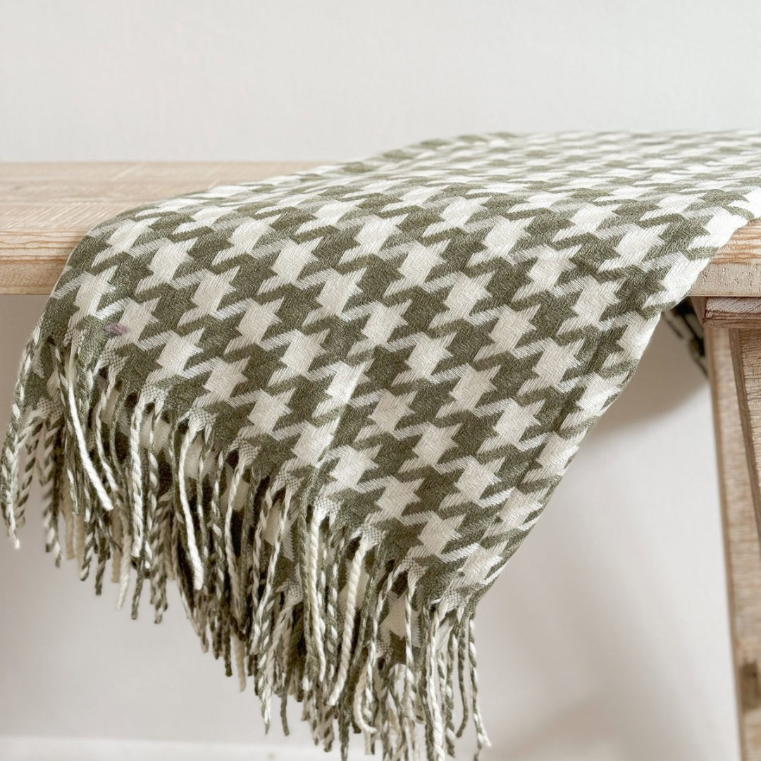 Fluid Home Interiors - Olive and Cream Dog Tooth Tassel Throw - EllenVale Interiors