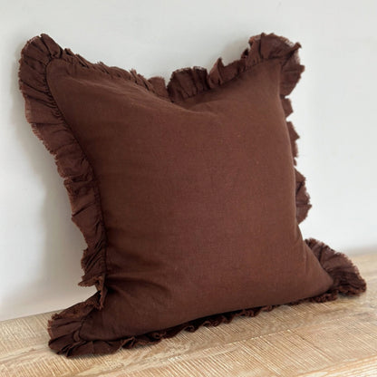 Fluid Home Interiors - Dark Brown Ruffled Linen Cushion 53x53cm - EllenVale Interiors