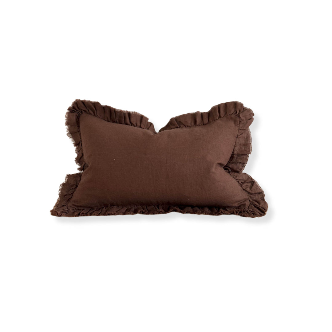 Fluid Home Interiors - Dark Brown Ruffled Linen Cushion 50x30cm - EllenVale Interiors