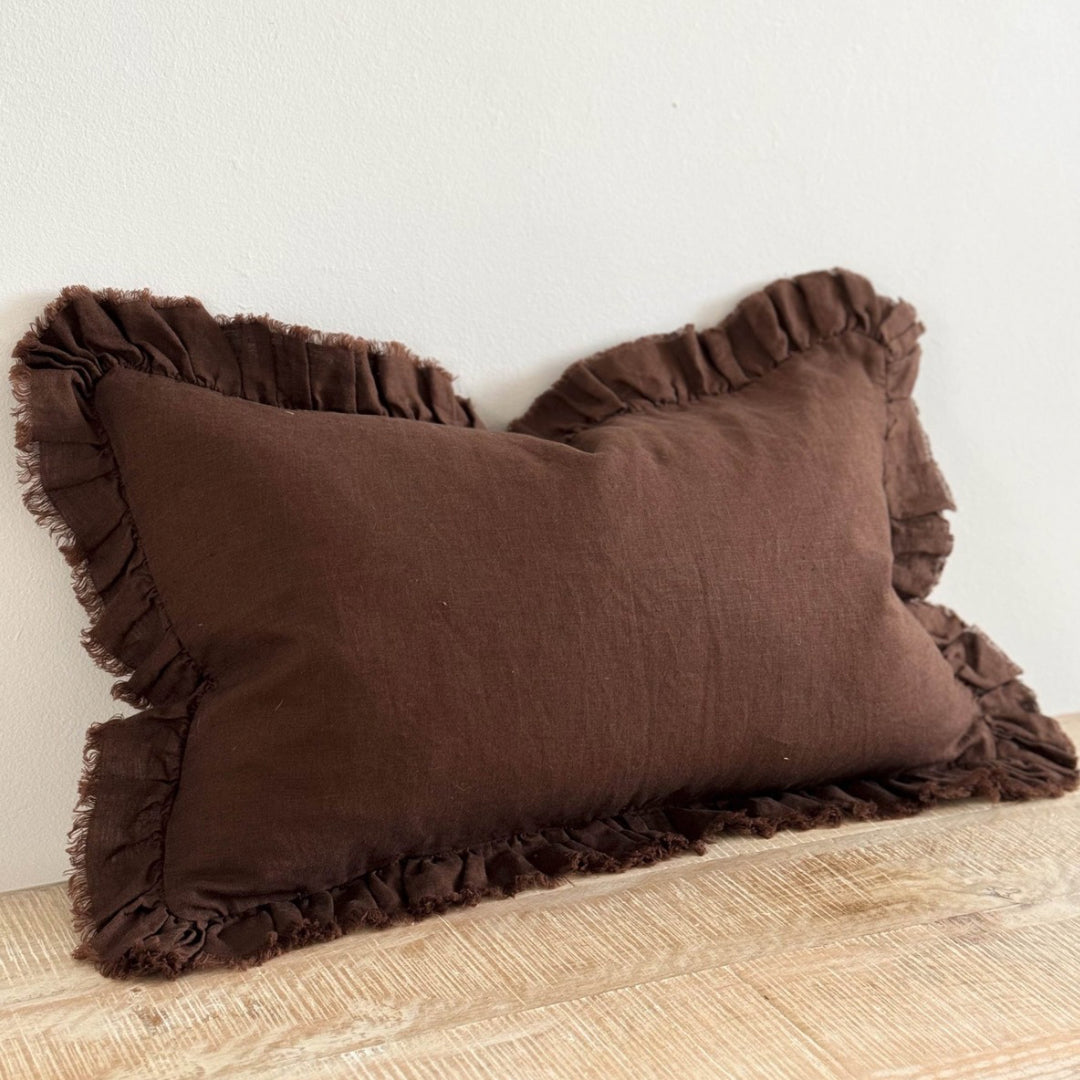 Fluid Home Interiors - Dark Brown Ruffled Linen Cushion 50x30cm - EllenVale Interiors